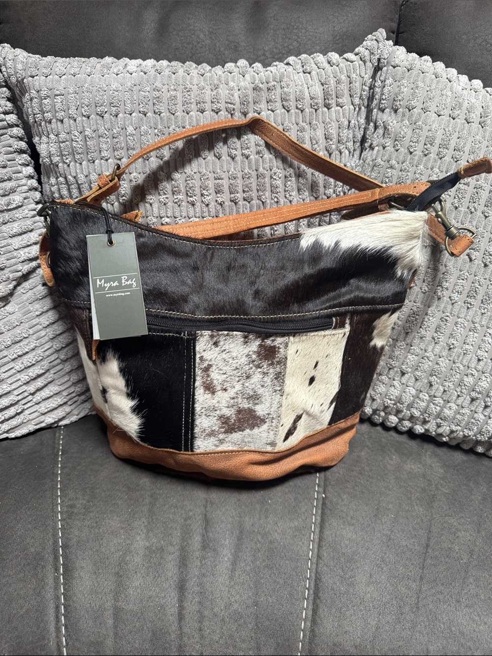 Myra Bag Patchwork Cowhide & Leather Shoulder Bag - Black/Brown/White